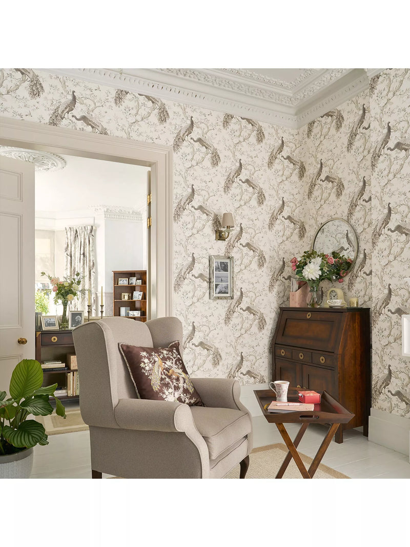 Laura Ashley Belvedere wallpaper with peacock design, UK version