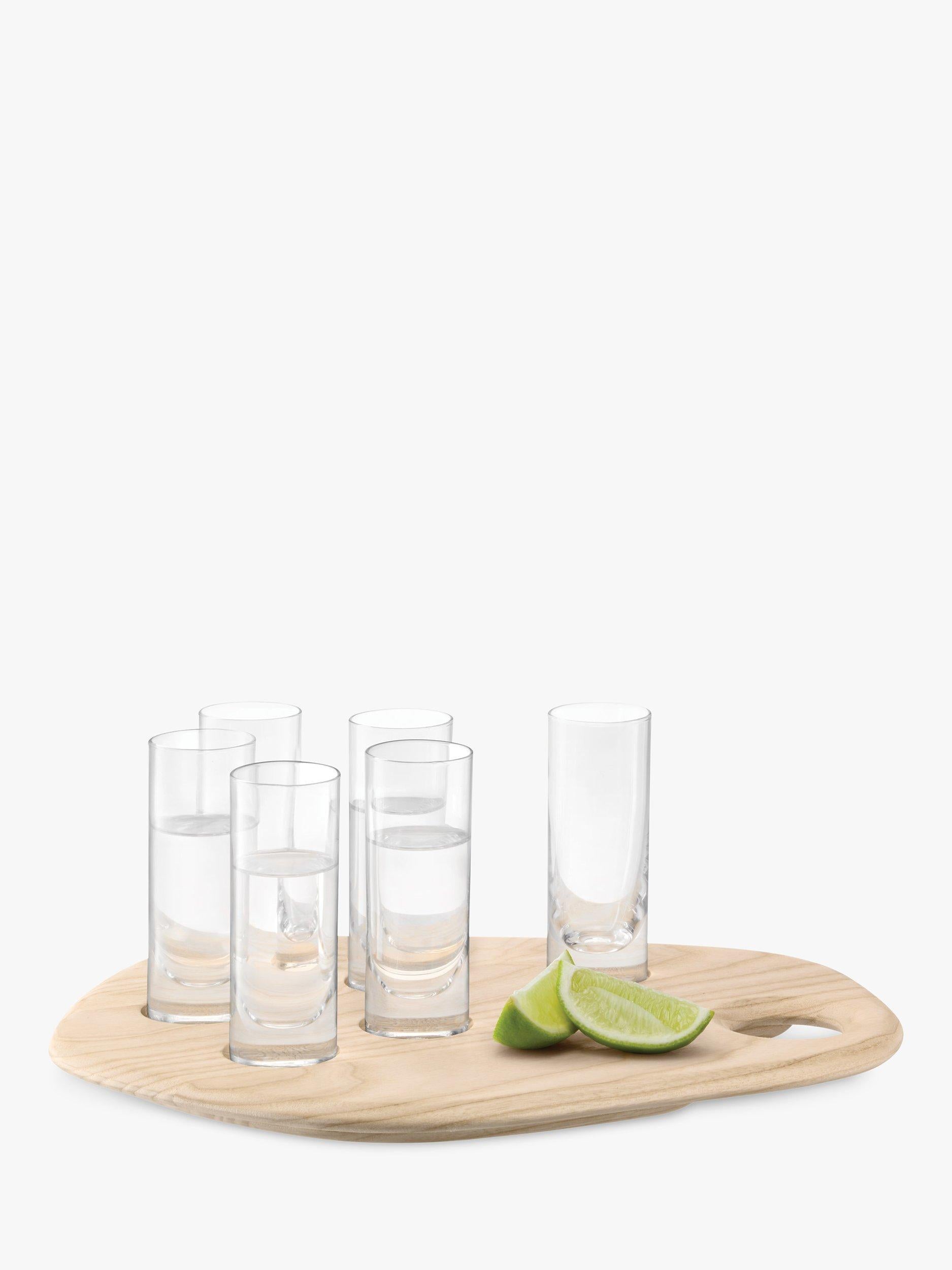 LSA International shot glasses on ash wood board, imported from the UK