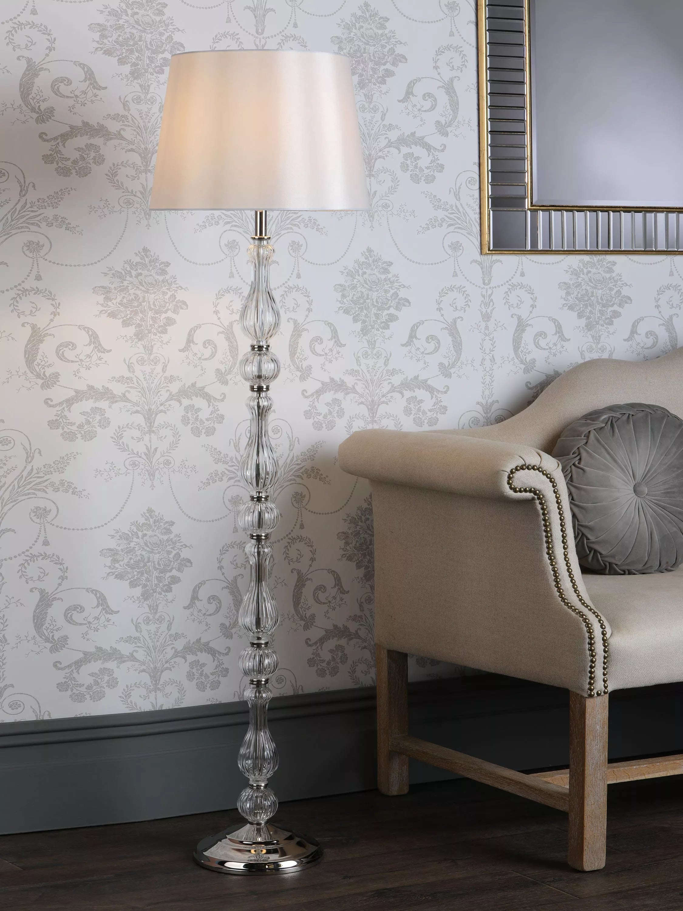 Laura Ashley floor lamp polished nickel silk shade, imported from the UK