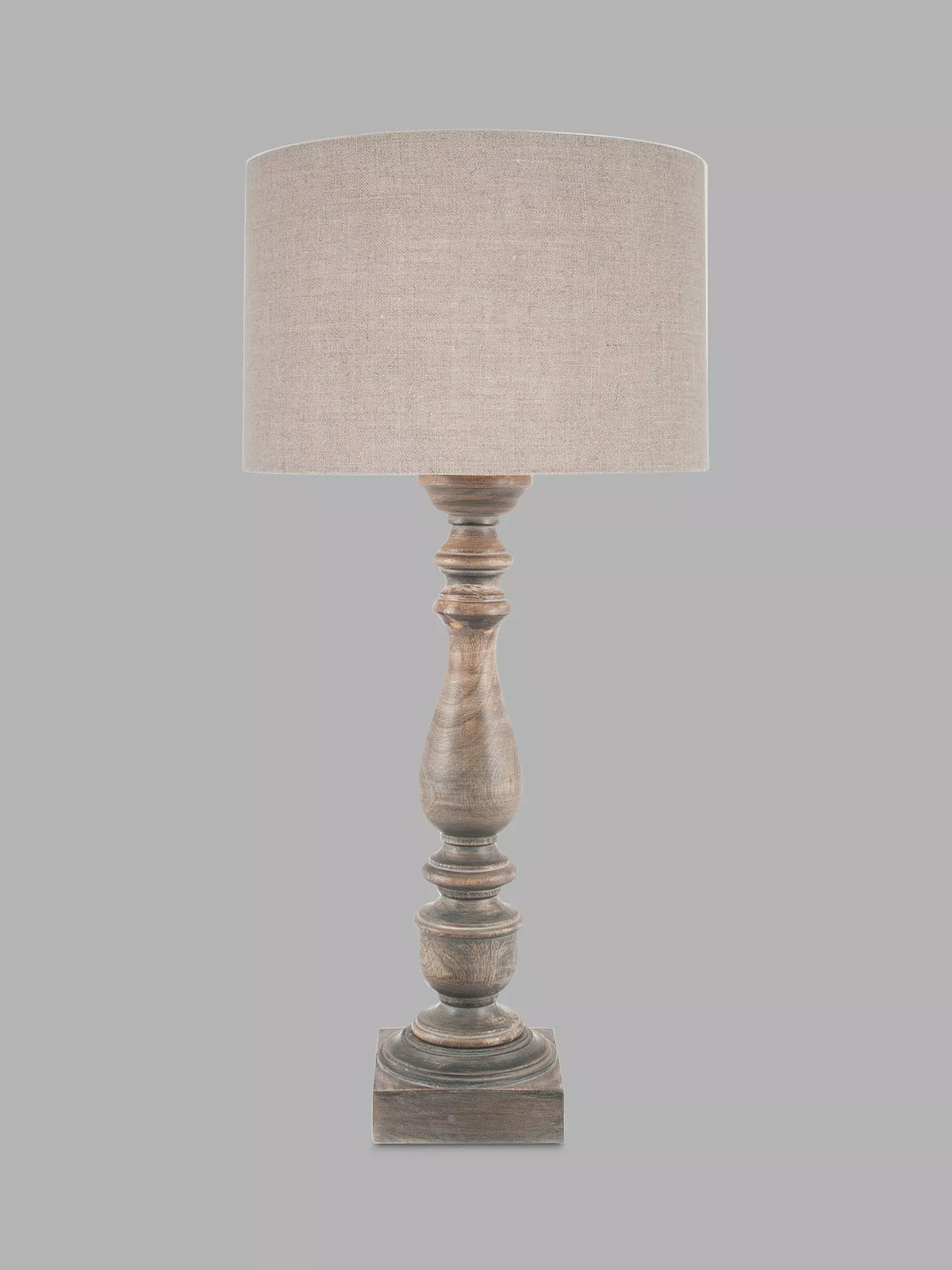 Pacific Ailia mango wood table lamp with grey wash finish and linen shade (British brand)