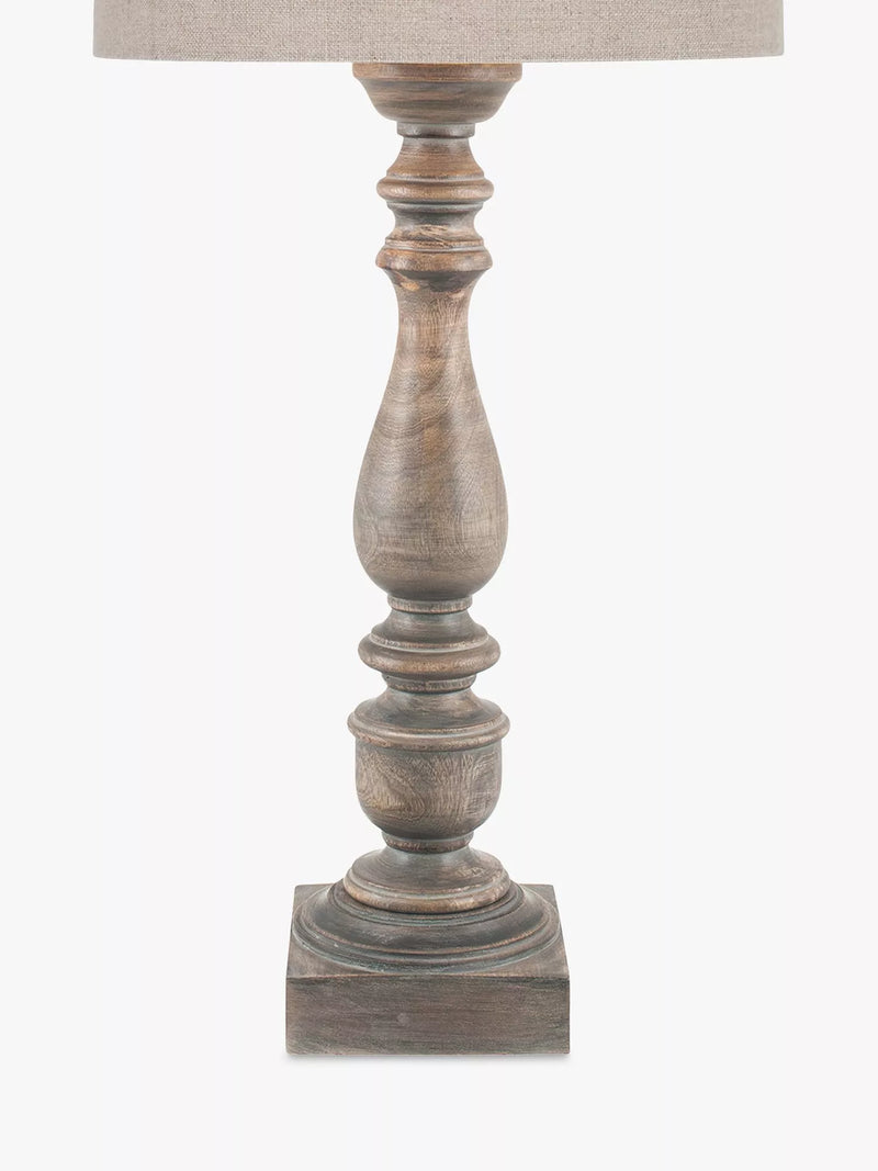 Pacific Ailia mango wood table lamp with grey wash finish and linen shade (British brand)
