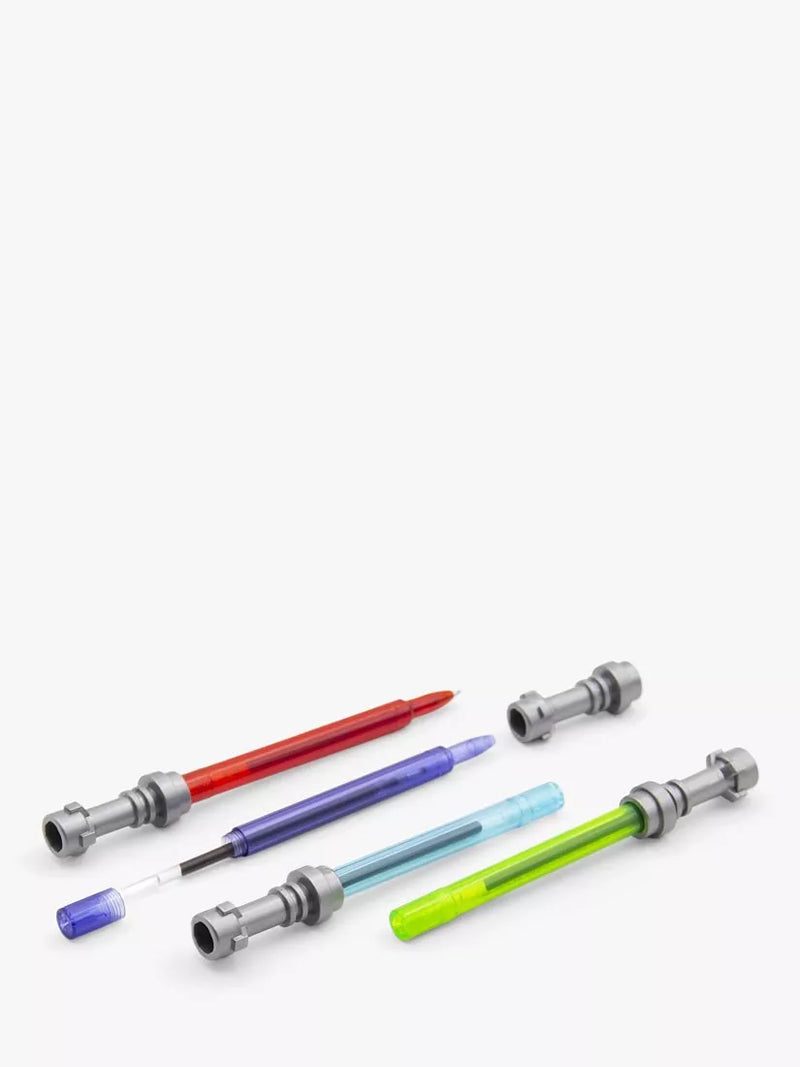 Set of 4 LEGO gel pens with red, blue, green, and purple ink, UK version