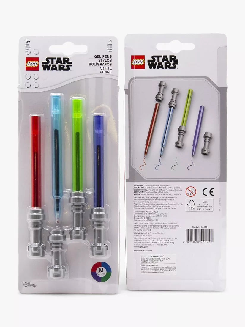 Set of 4 LEGO gel pens with red, blue, green, and purple ink, UK version