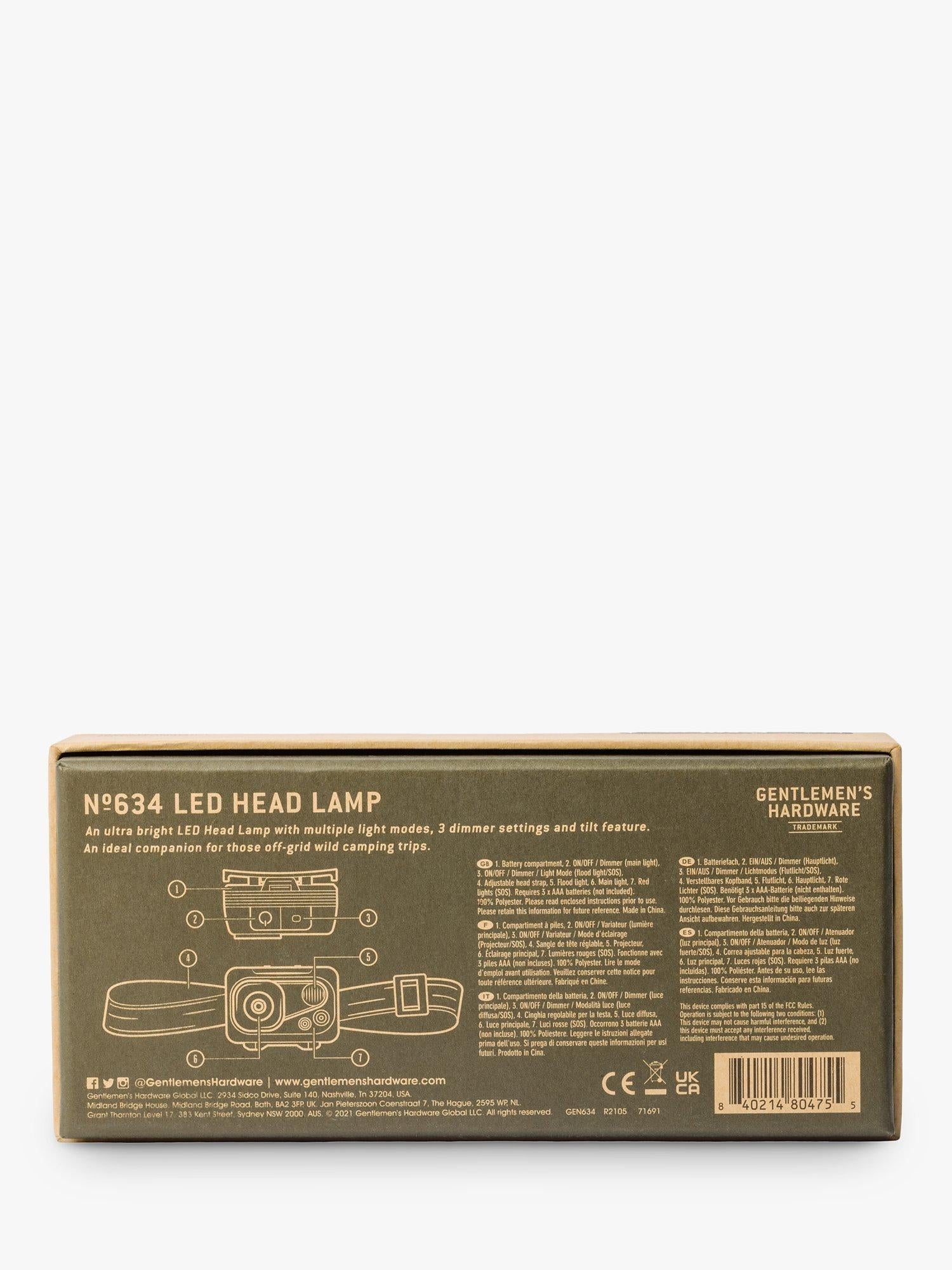 Gentlemen's Hardware head torch army green, imported from the UK