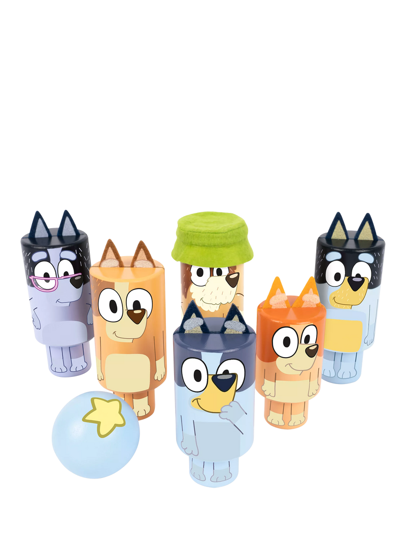Bluey wooden character skittle set, imported from the UK