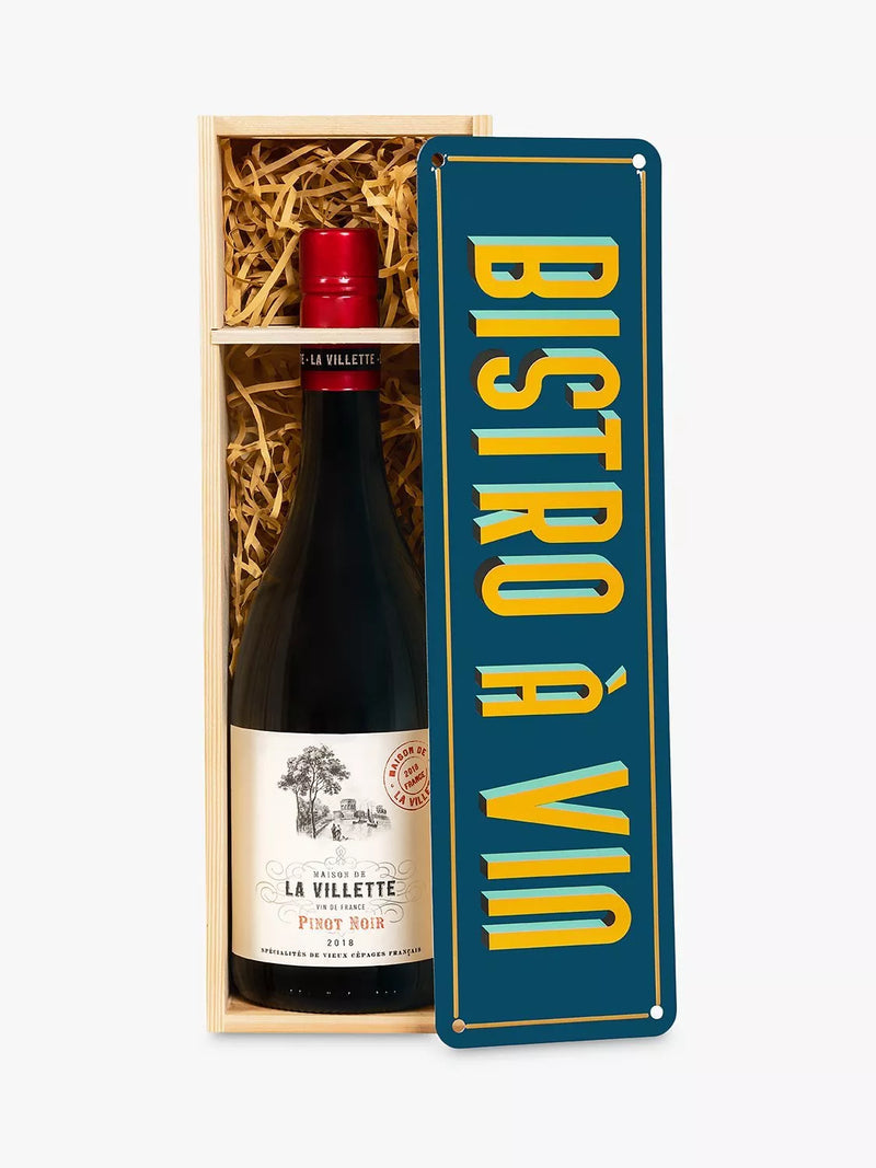 La Villette Pinot Noir red wine in wooden box with tin lid 75cl, imported from the UK