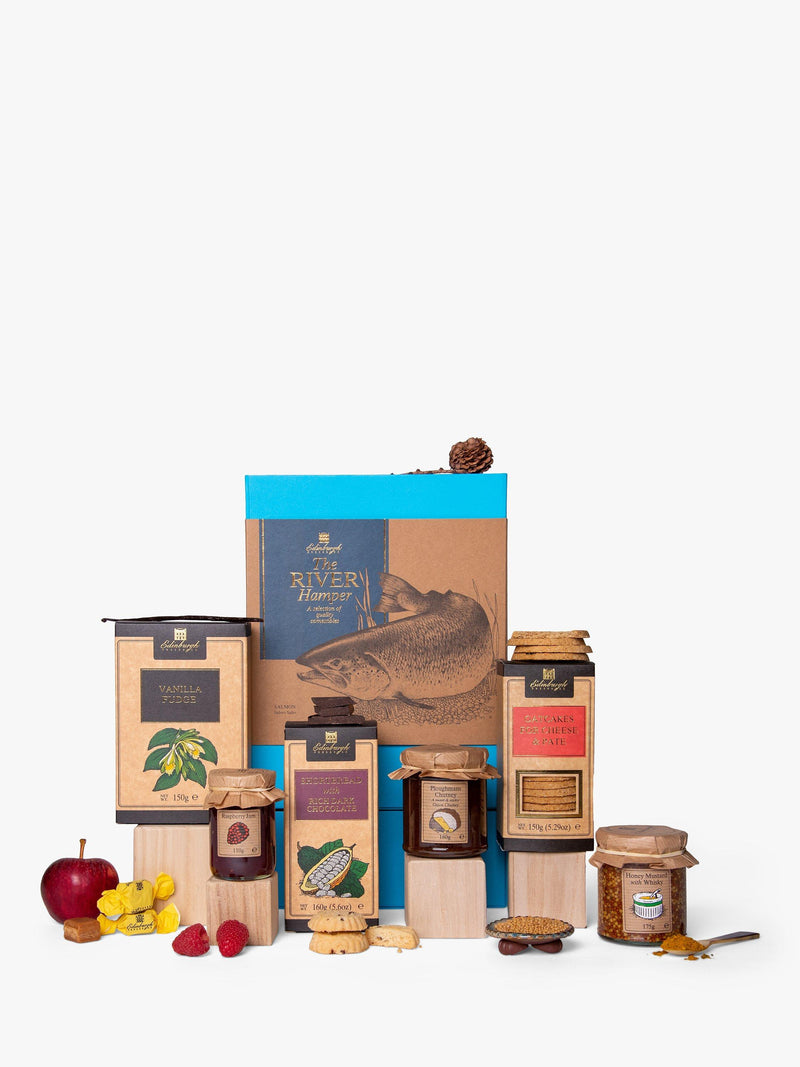 Edinburgh Preserves River Hamper with chutney, jam, shortbread, oatcakes, fudge, and honey mustard - British product