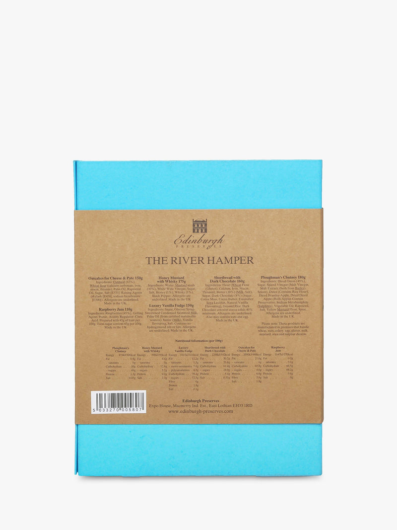 Edinburgh Preserves River Hamper with chutney, jam, shortbread, oatcakes, fudge, and honey mustard - British product