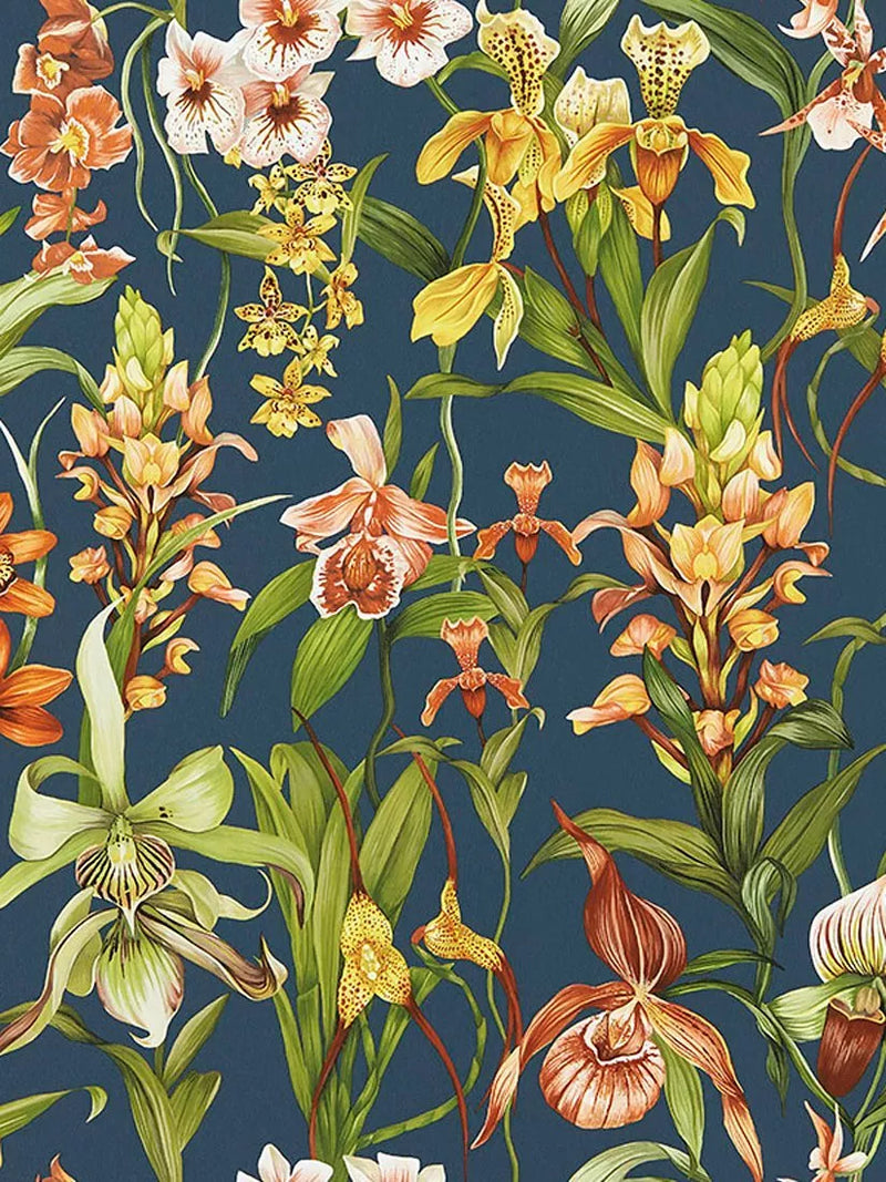 Botanical Wild Orchids Wallpaper with Vibrant Colors and Contrast Ground