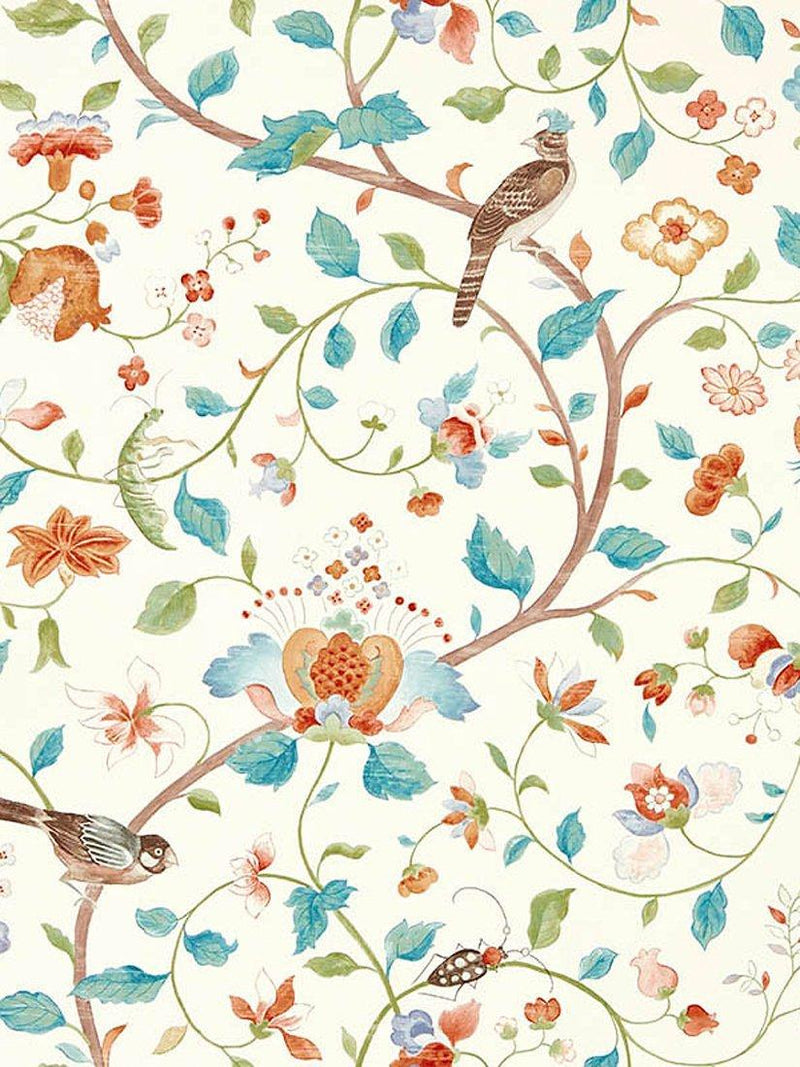 Trailing Garden Design Wallpaper with Stylised Flowers and Insects
