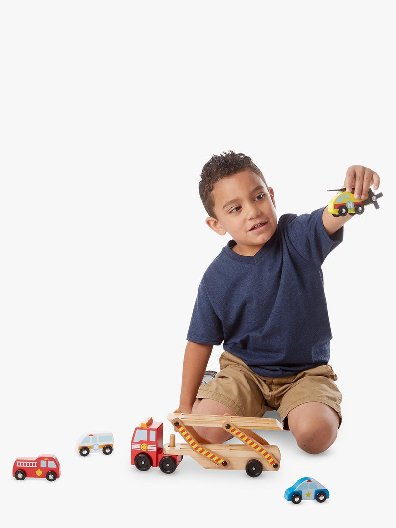 Melissa & Doug wooden emergency vehicle carrier with vehicles - British product