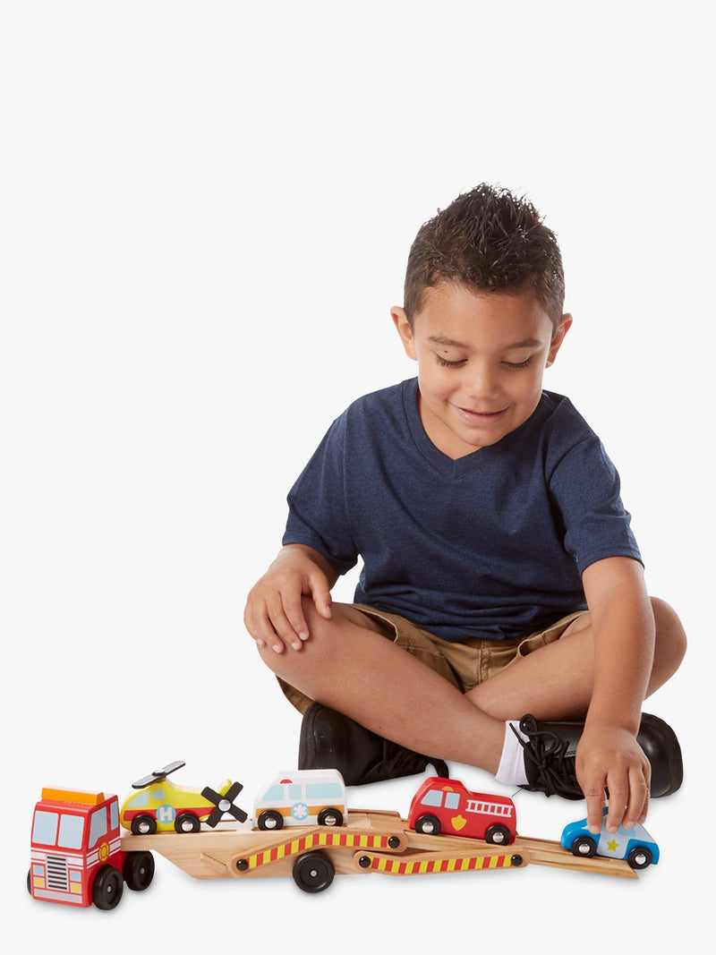 Melissa & Doug wooden emergency vehicle carrier with vehicles - British product
