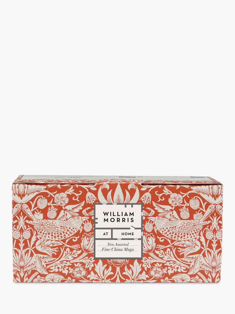 William Morris fine china mugs with Strawberry Thief and Garden designs, set of two 250ml (British brand)