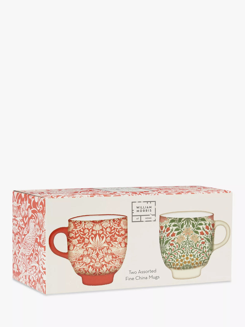 William Morris fine china mugs with Strawberry Thief and Garden designs, set of two 250ml (British brand)