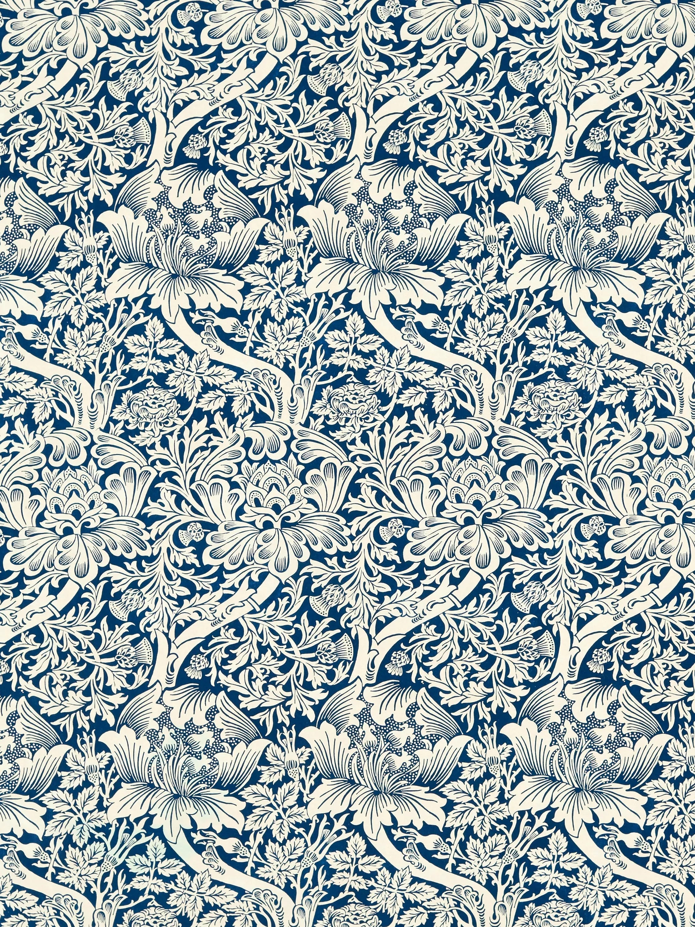 Morris & Co. Rose & Thistle Indigo furnishing fabric, imported from the UK