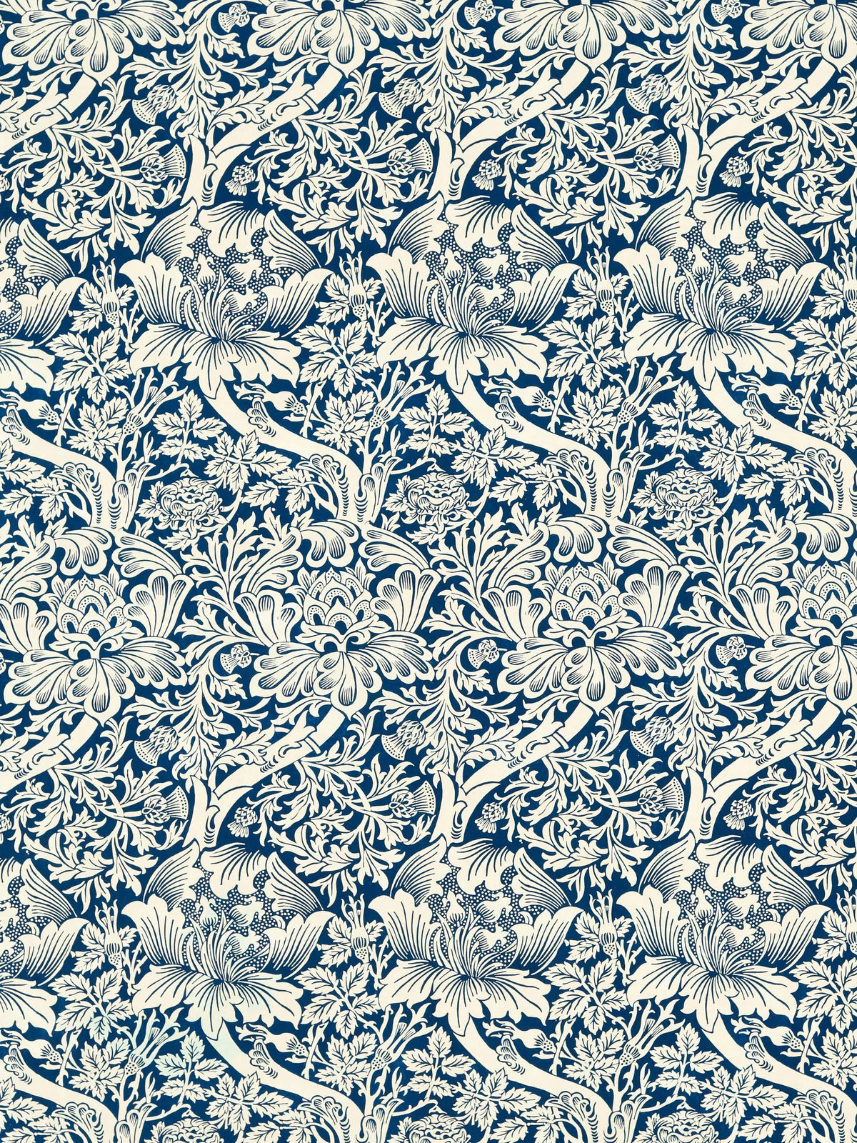 Morris & Co. Rose & Thistle Indigo furnishing fabric, imported from the UK