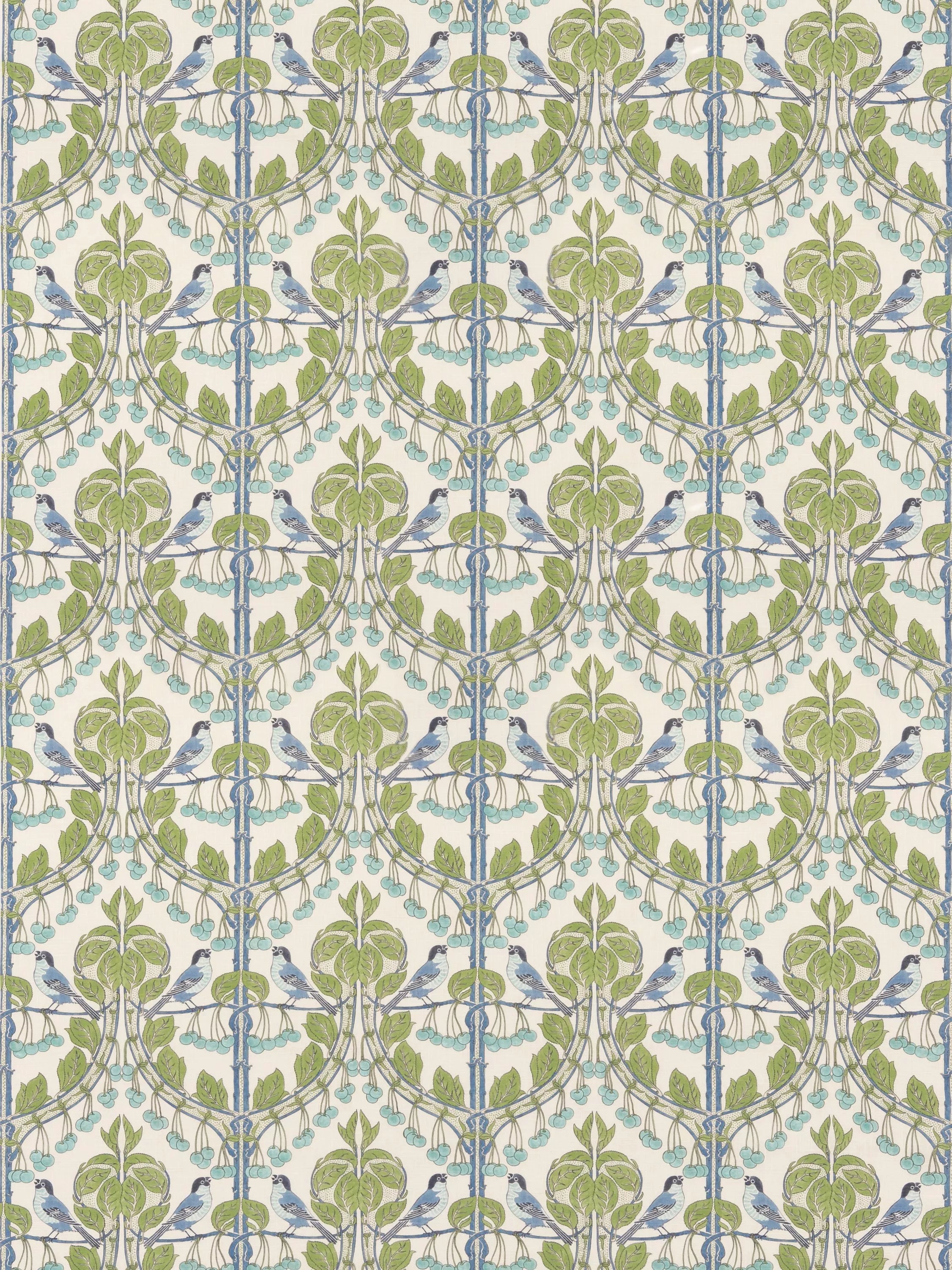 GP & J Baker Birds Cherries furnishing fabric Blue/Green - British product