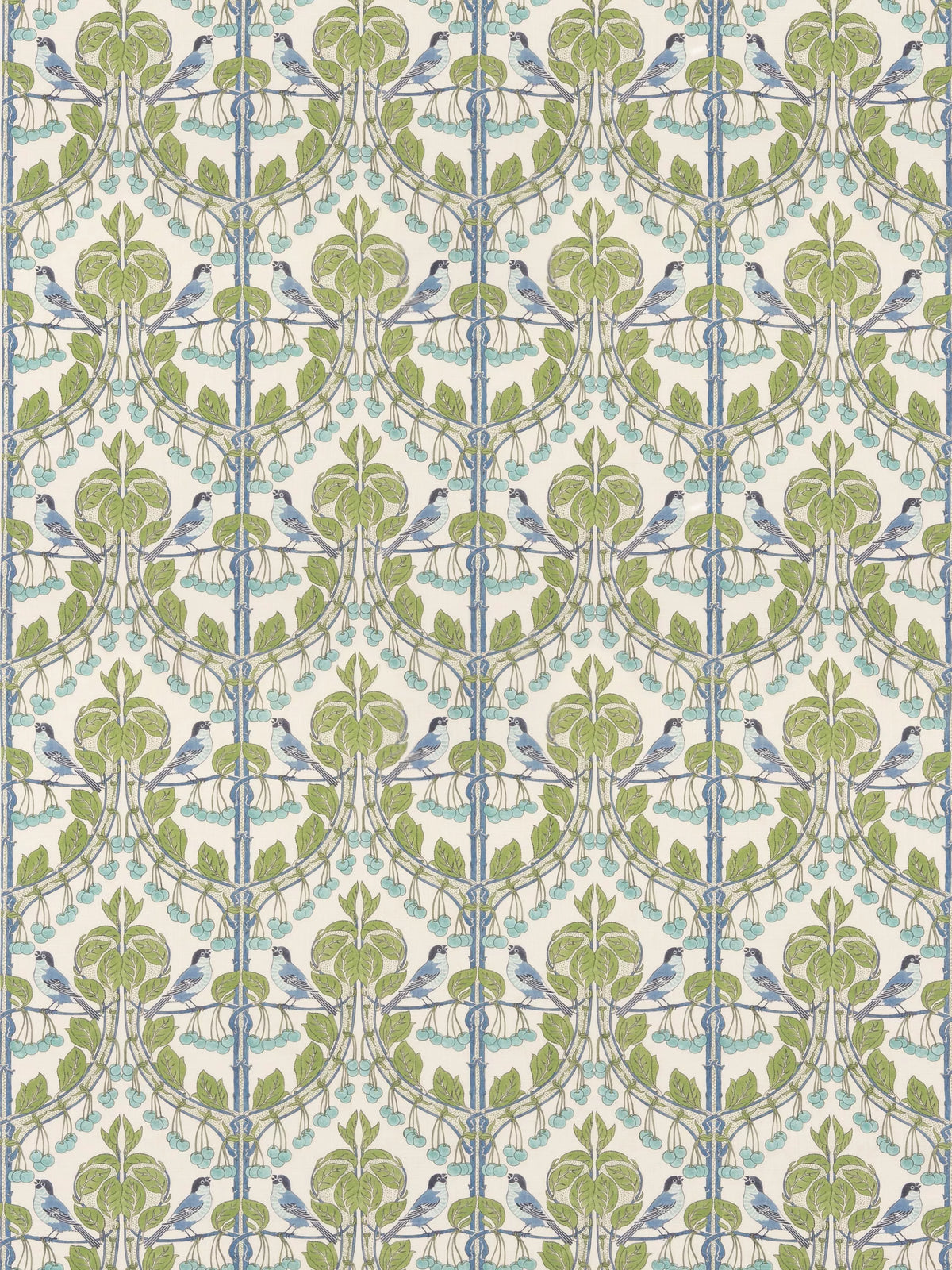 GP & J Baker Birds Cherries furnishing fabric Blue/Green - British product
