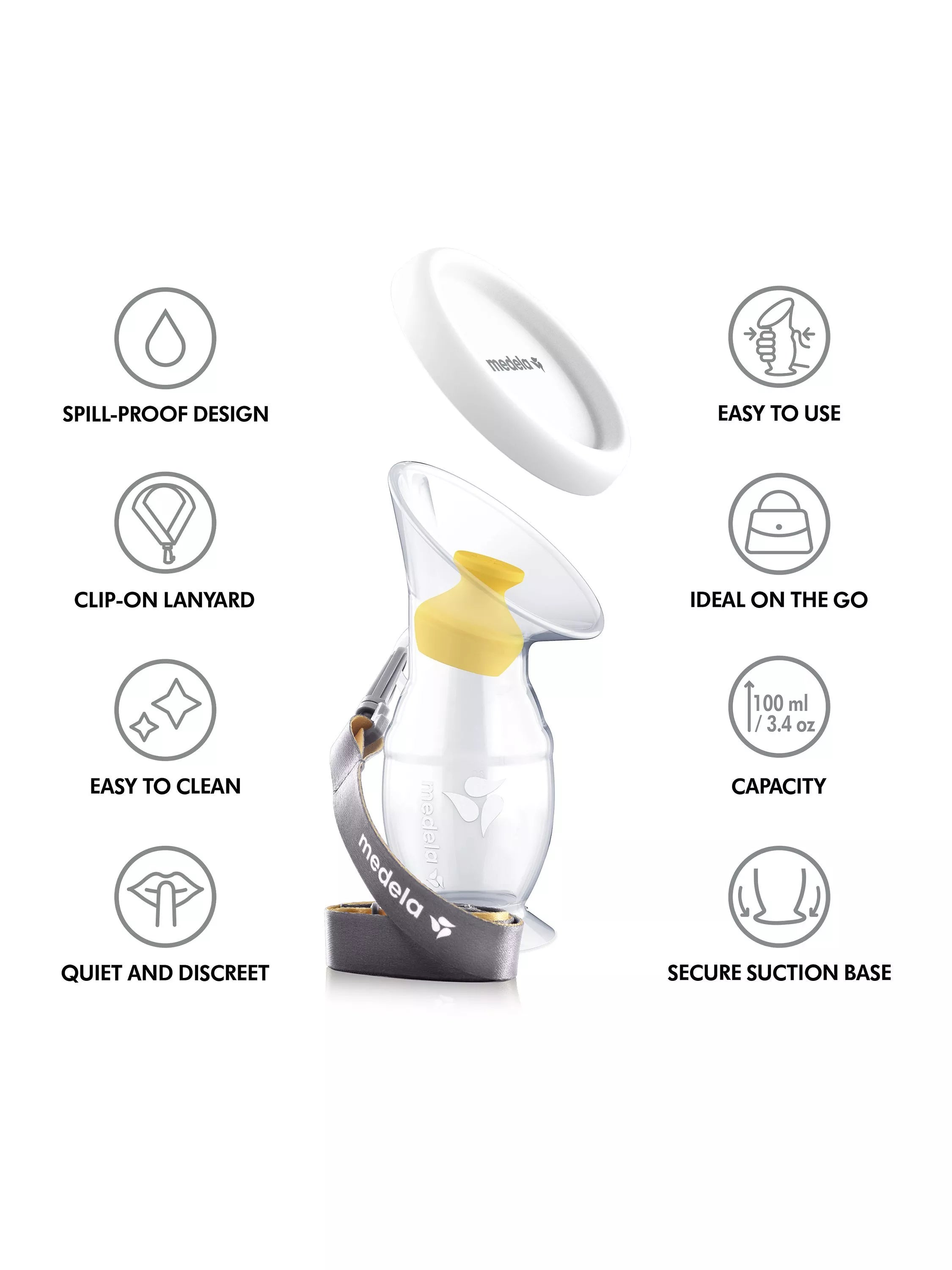 Medela Silicone Breast Milk Collector with lanyard, imported from the UK