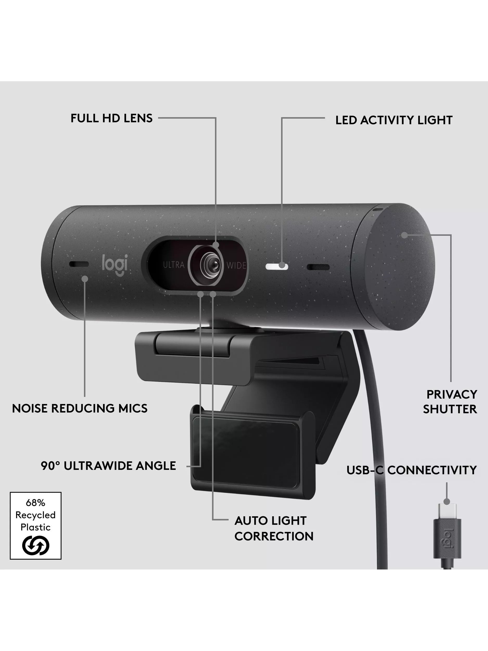 Logitech Brio 500 Full HD 1080p webcam with privacy shutter - British product