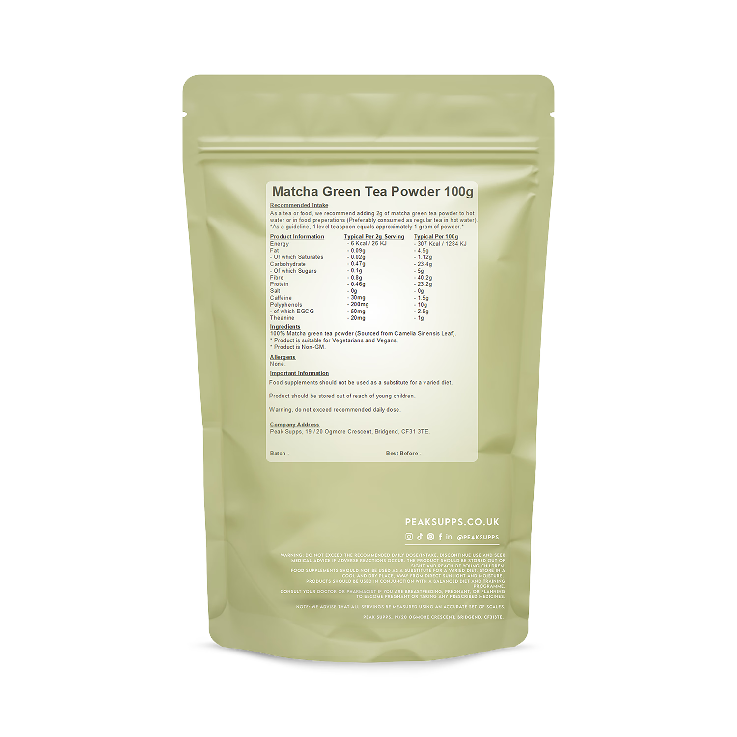 Peak Supps matcha green tea powder 100g, imported from the UK