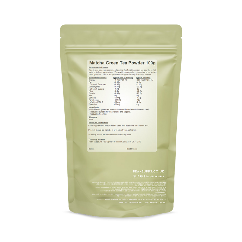 Peak Supps matcha green tea powder 100g, imported from the UK