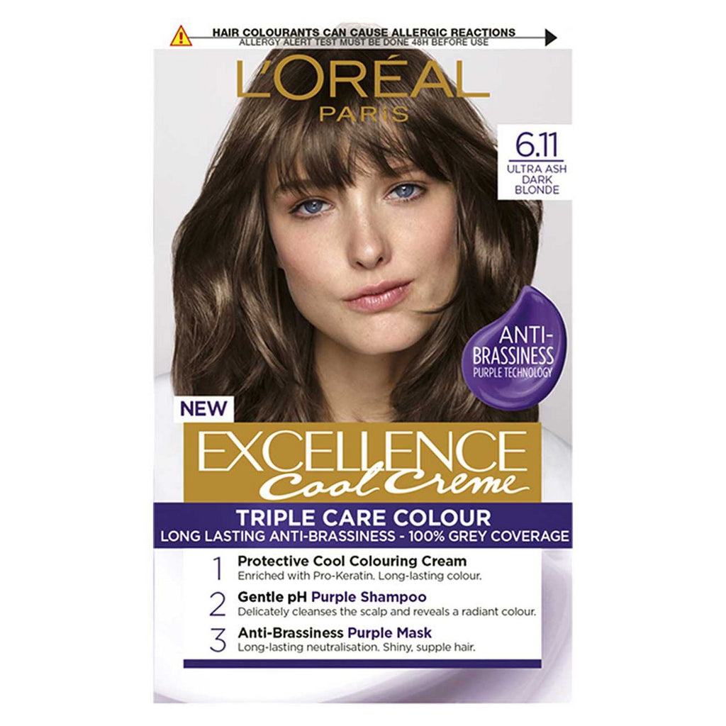 L’Oréal Paris Excellence Cool Crème Permanent Hair Dye, Long-lasting Anti-Brassiness Colour, 6.11 Ultra Ash Dark Blonde