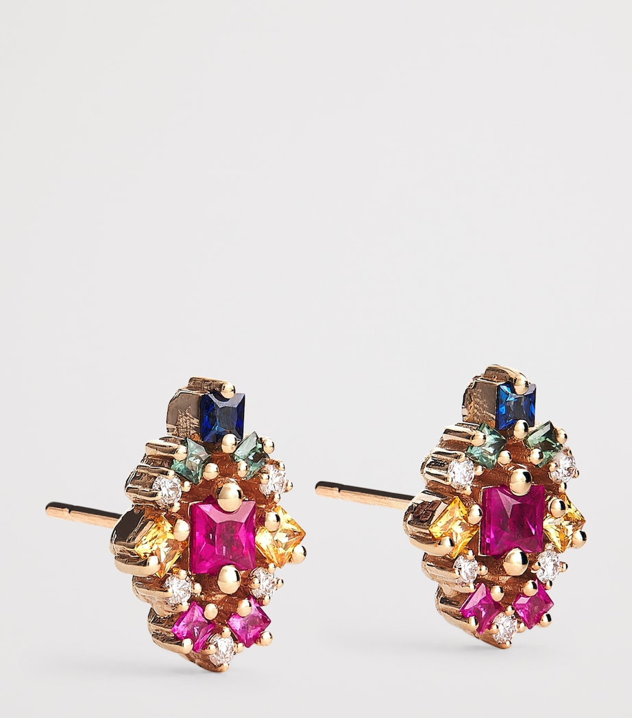 Suzanne Kalan rose gold stud earrings diamond rainbow sapphire - British product