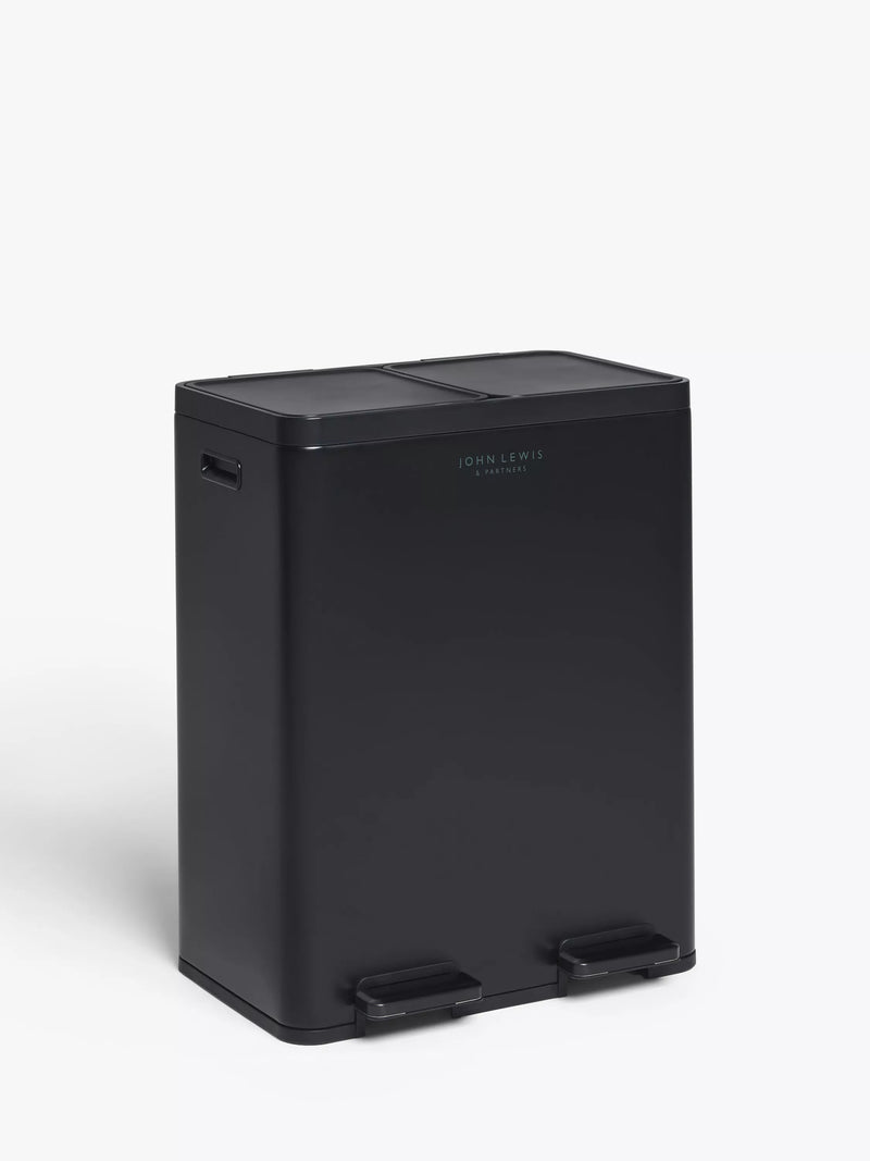 John Lewis 2 Section Recycling Bin, with Handles, 60L - Black