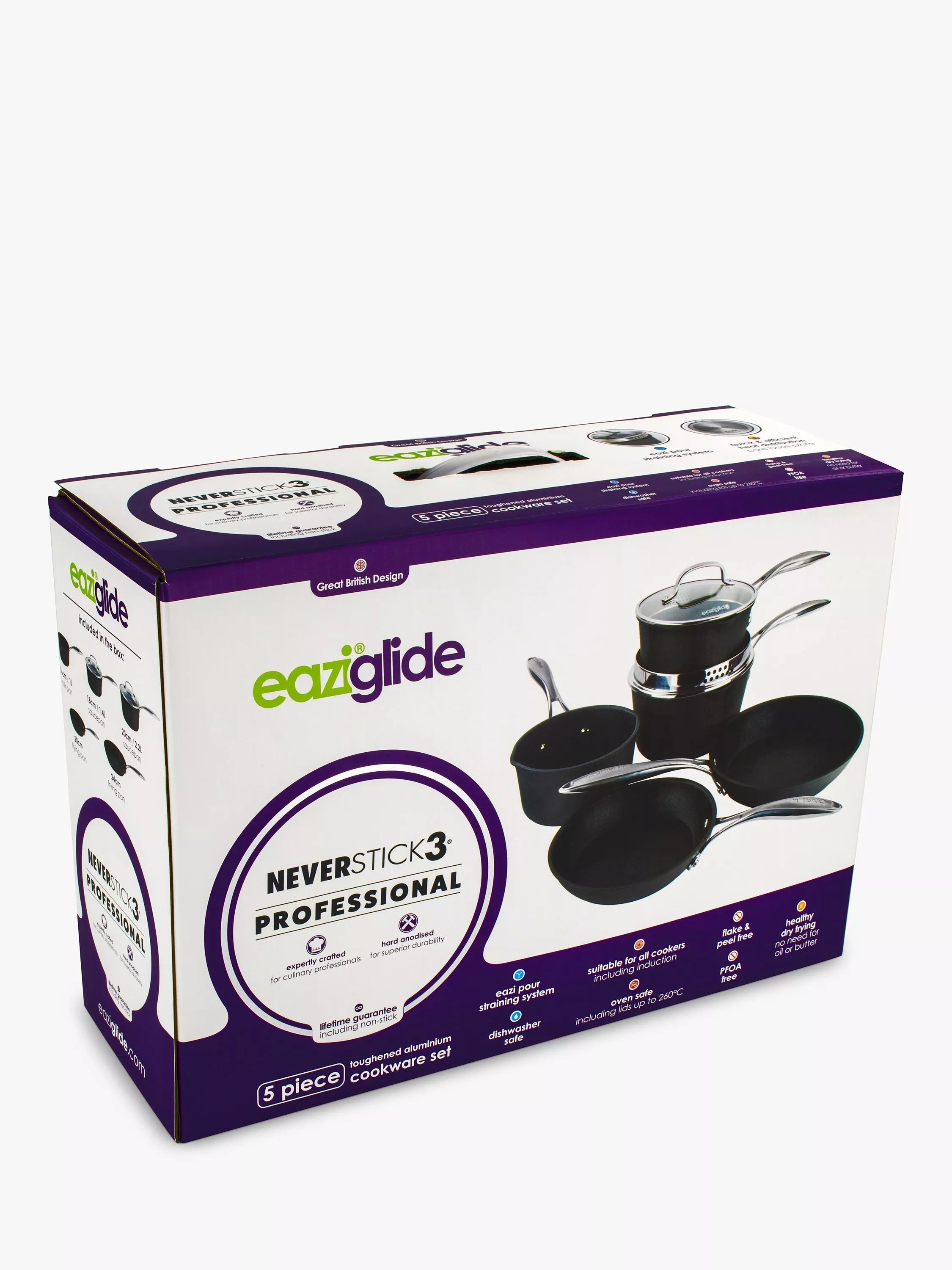 Eaziglide Neverstick3 Professional Aluminium Non-Stick Pan Set 5 Piece - British product