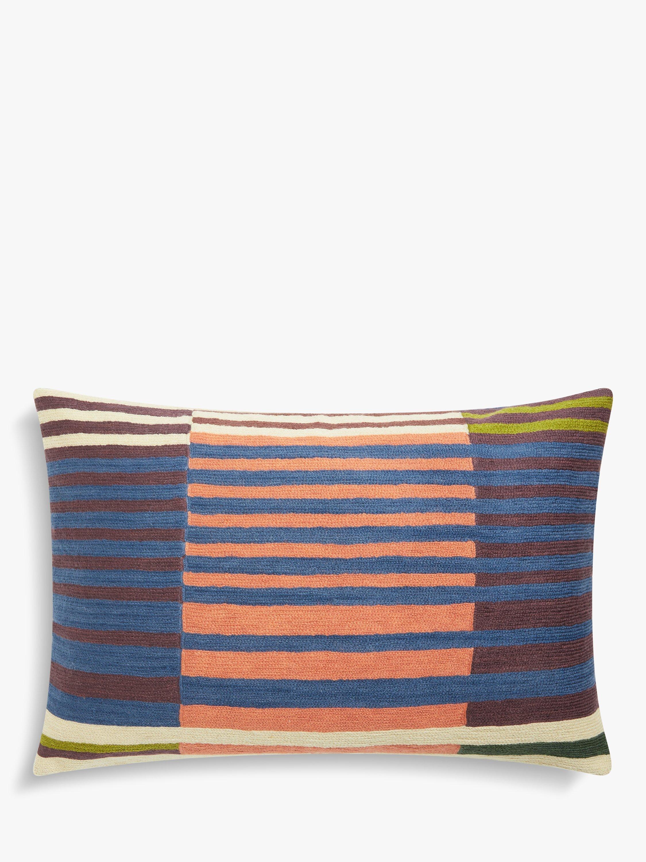 John Lewis abstract stripe cotton cushion with hand-stitched crewel embroidery, UK version