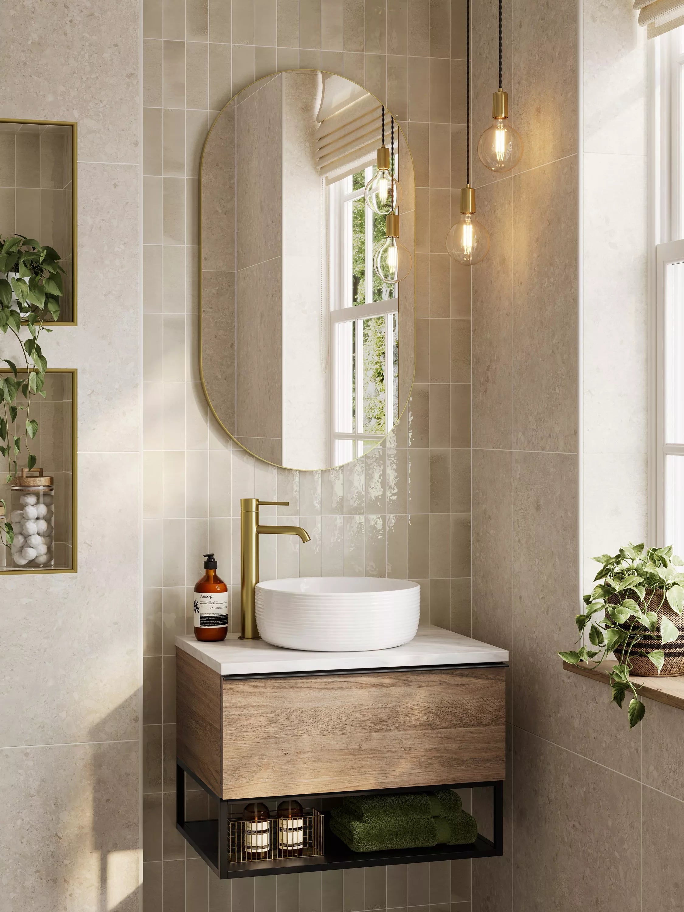 hib. Fusion Pill Bathroom Mirror, 90x50cm, Brushed Brass