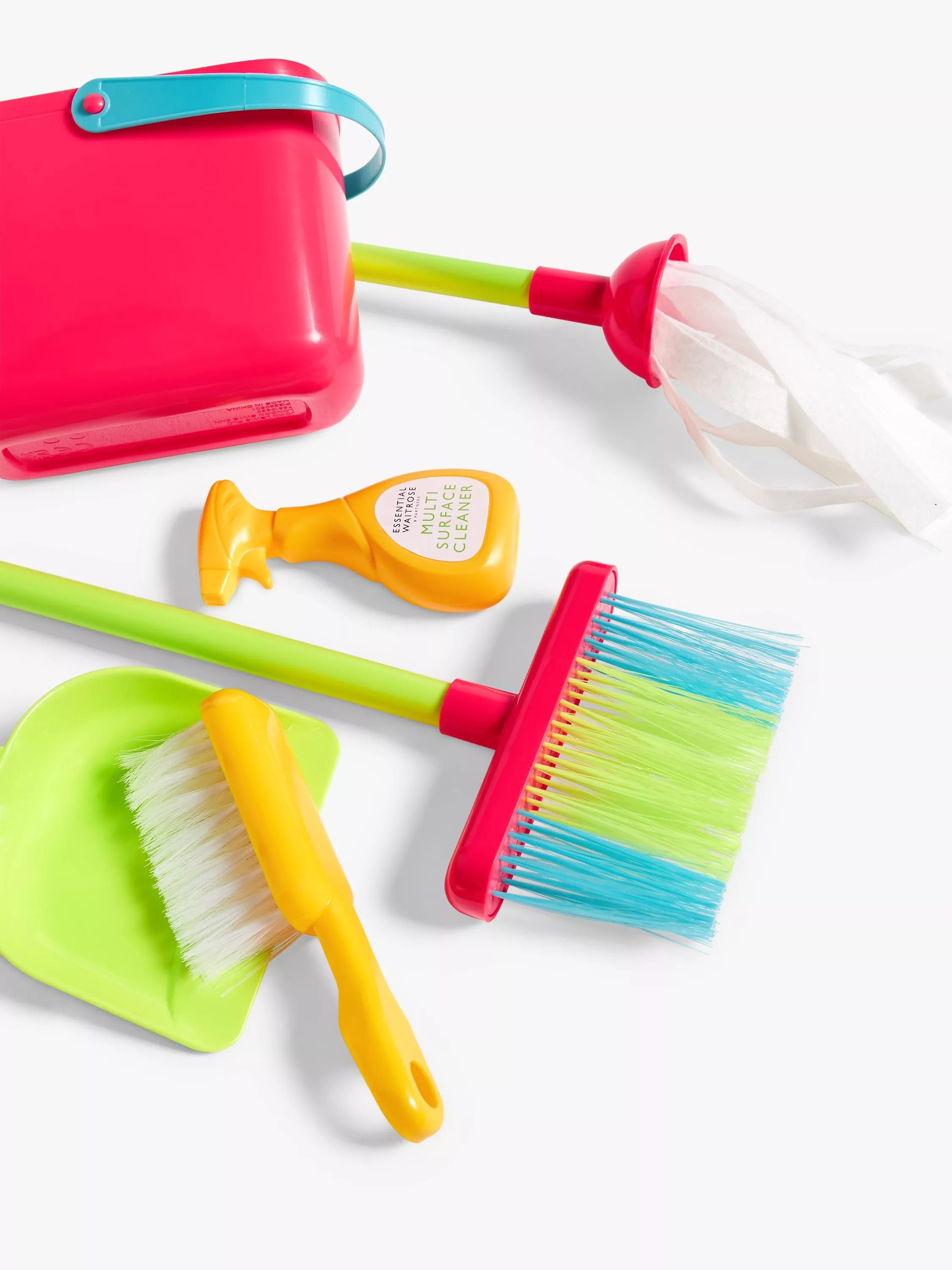 John Lewis kids cleaning playset with broom, dustpan, mop and bucket, UK version