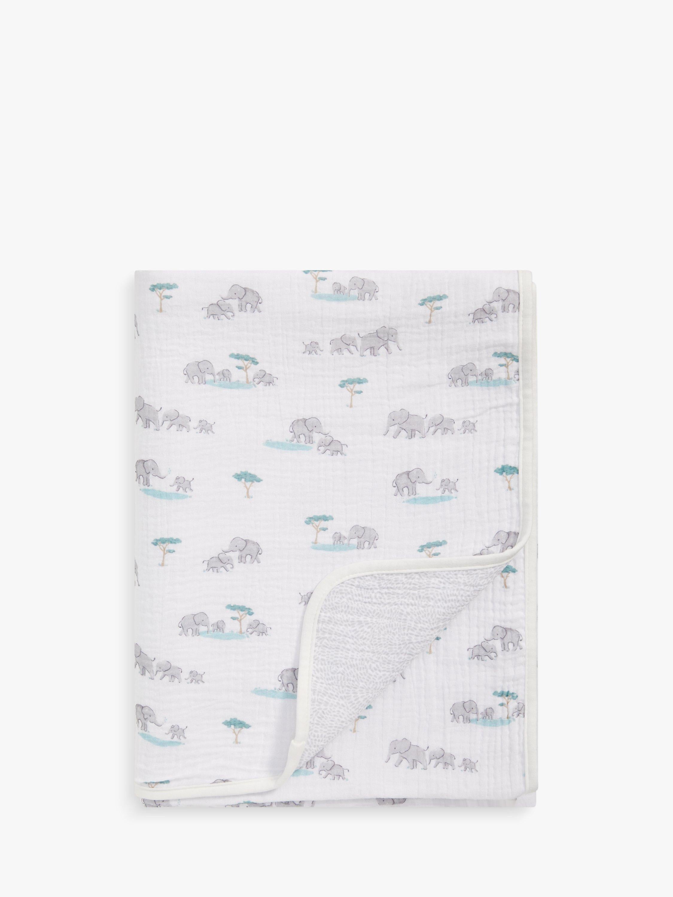 John Lewis reversible muslin swaddle blanket with elephant print, 120 x 120cm, UK version