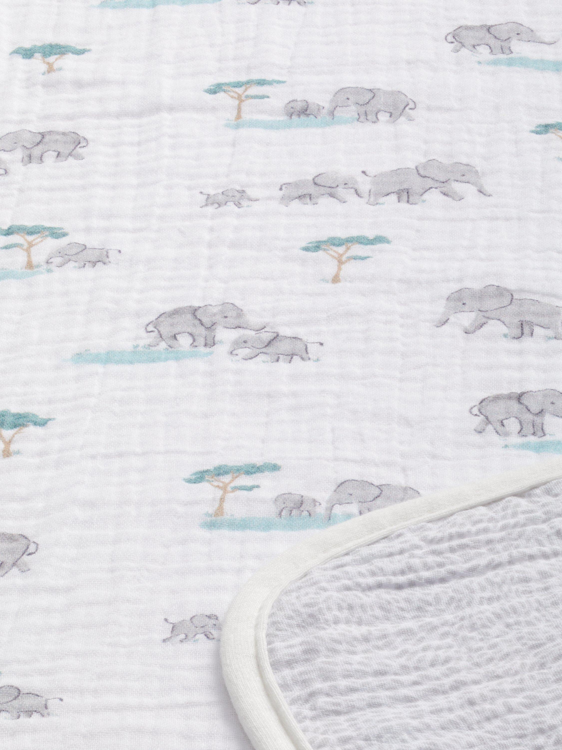 John Lewis reversible muslin swaddle blanket with elephant print, 120 x 120cm, UK version