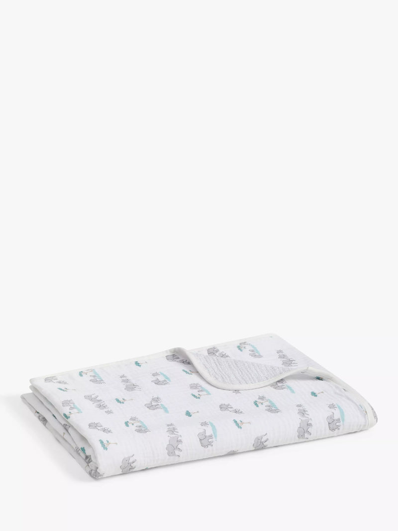 John Lewis reversible muslin swaddle blanket with elephant print, 120 x 120cm, UK version