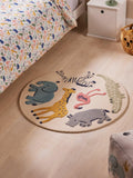 Safari-themed round wool rug with 100cm diameter, UK version
