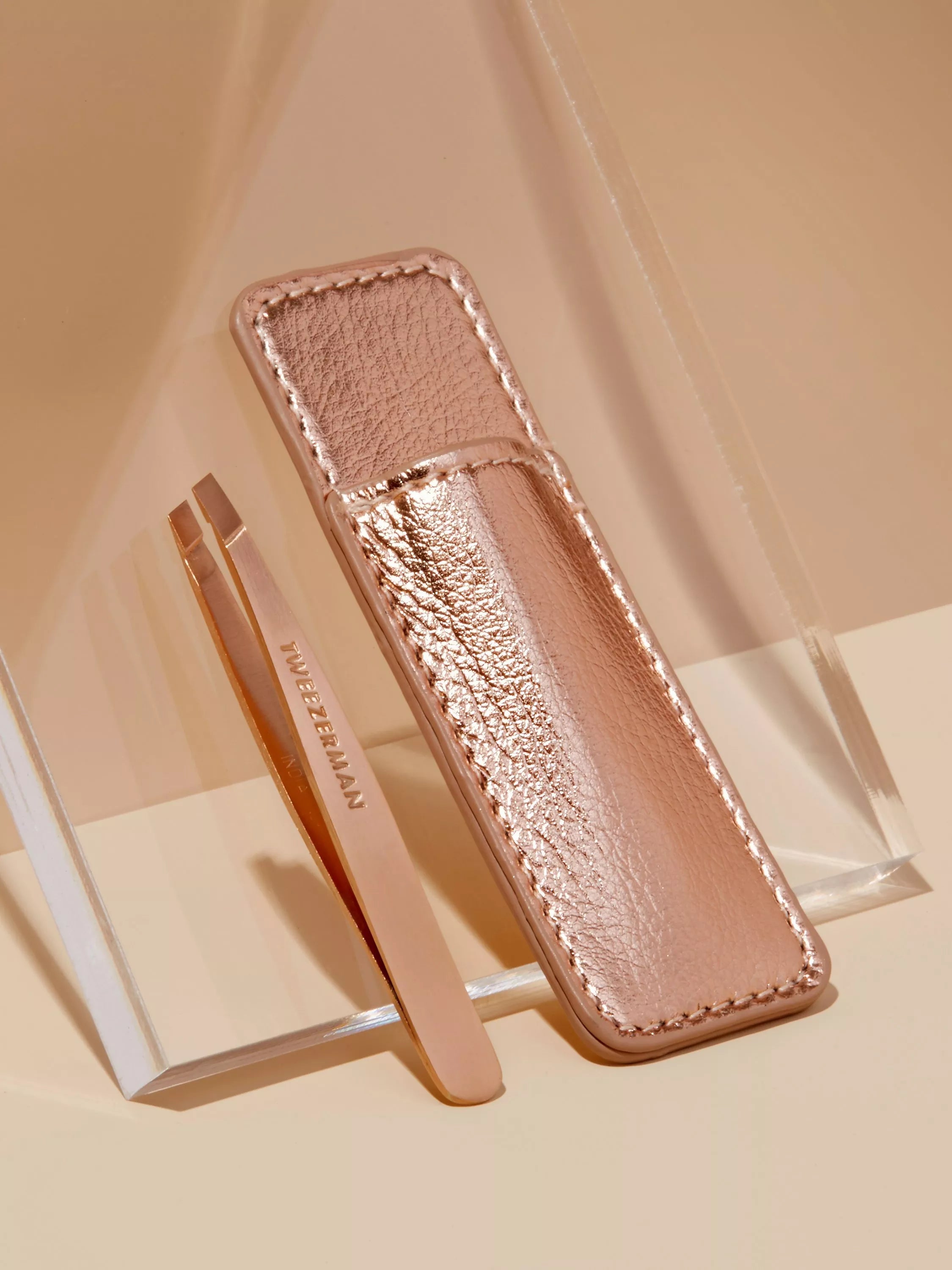 Tweezerman rose gold mini slant tweezers, imported from the UK