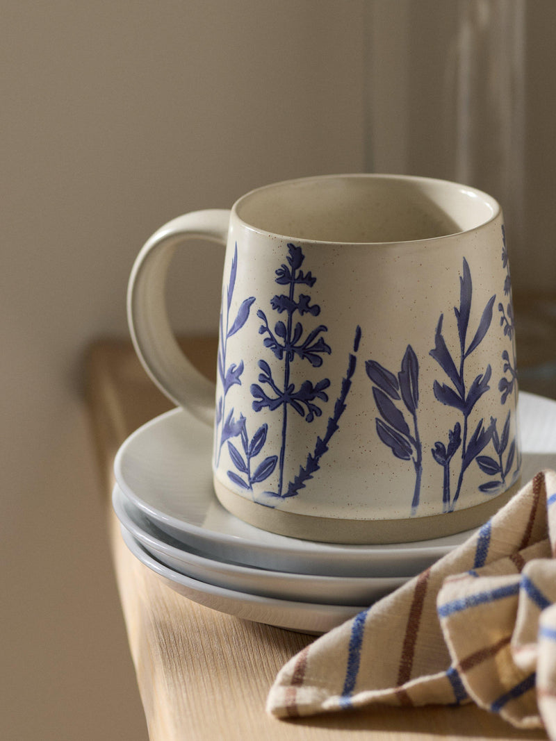 John Lewis Woodland Floral Glazed Stoneware Garden Mug in beige and blue, 450ml, UK version
