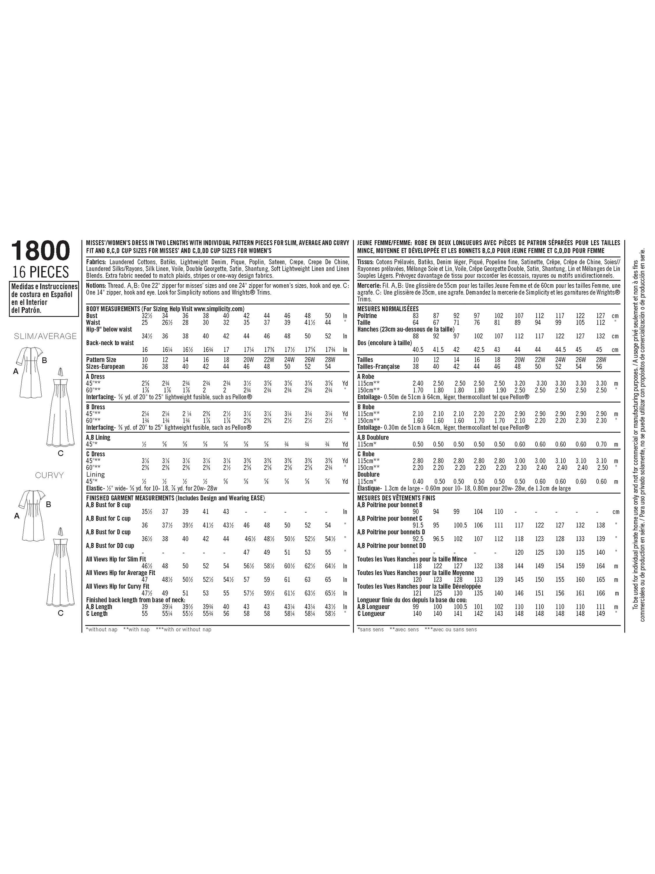 Simplicity sewing pattern 1800, UK version