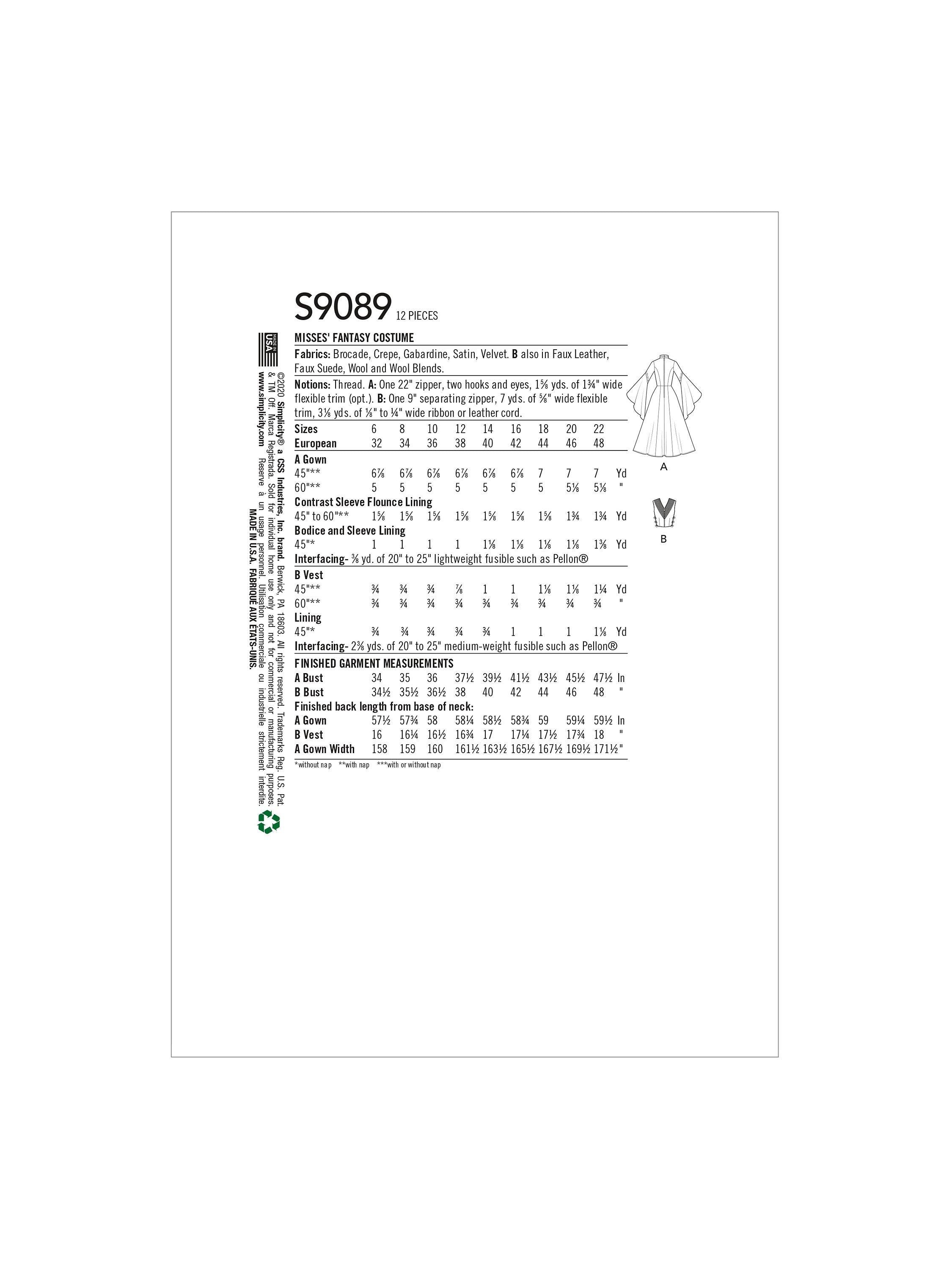 Simplicity S9089 نمط خياطة أزياء خيالية، الإصدار البريطاني