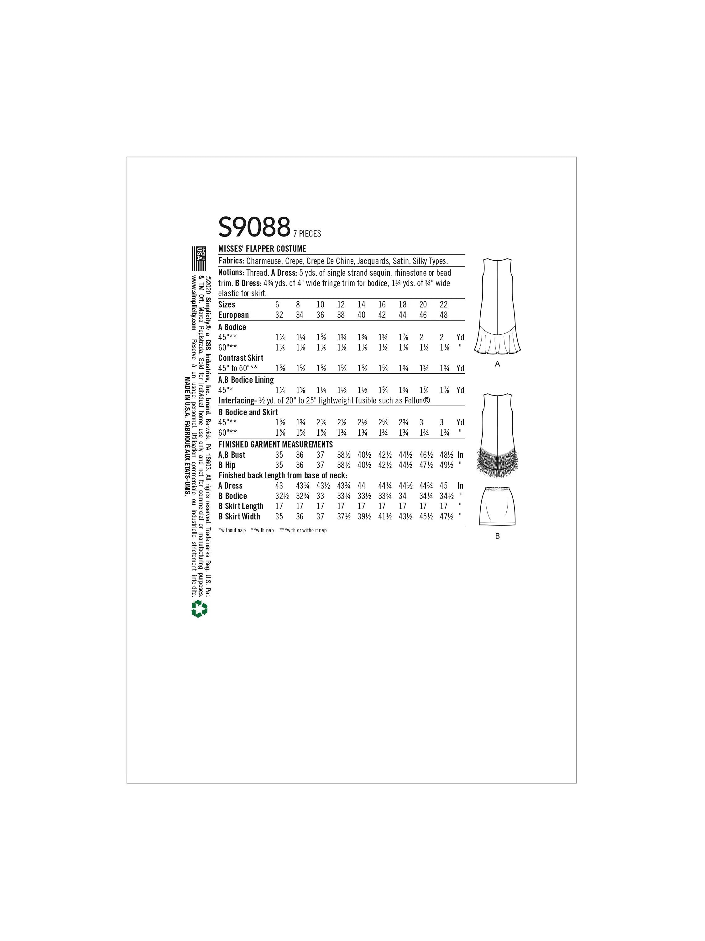 Simplicity sewing pattern flapper costume S9088, UK version