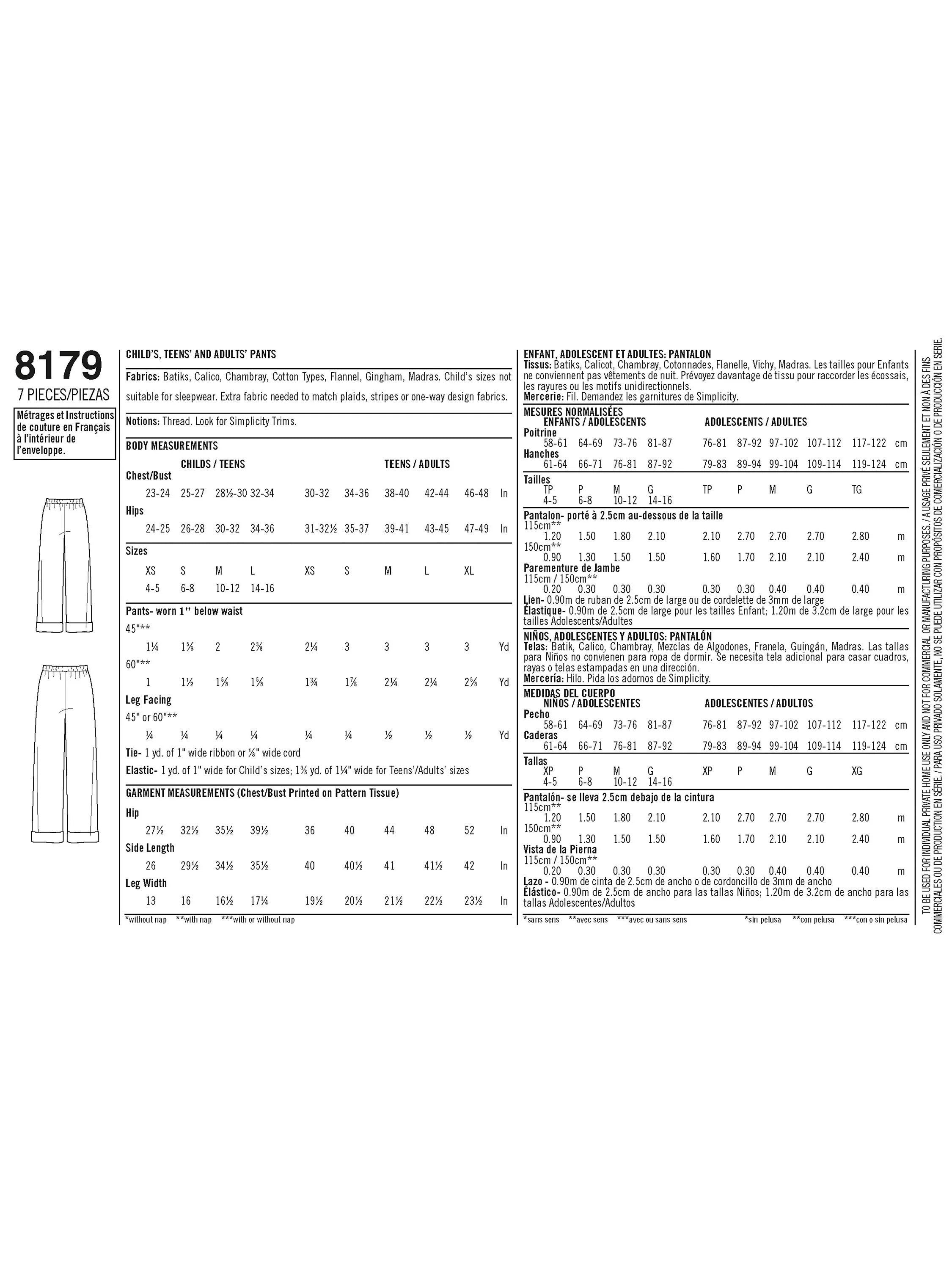 Simplicity family pants sewing pattern S8179A - British product