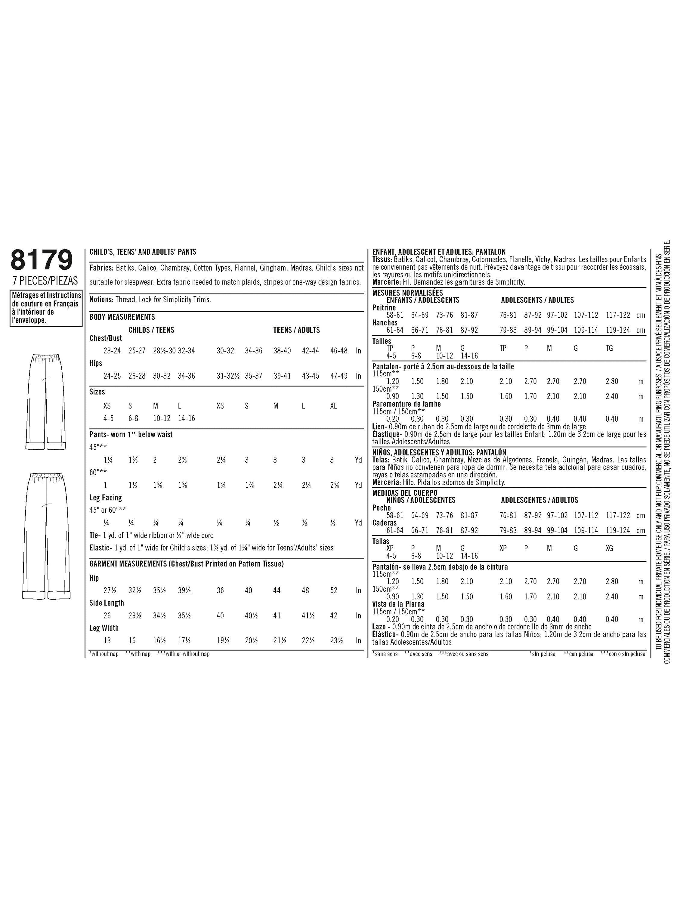 Simplicity family pants sewing pattern S8179A - British product
