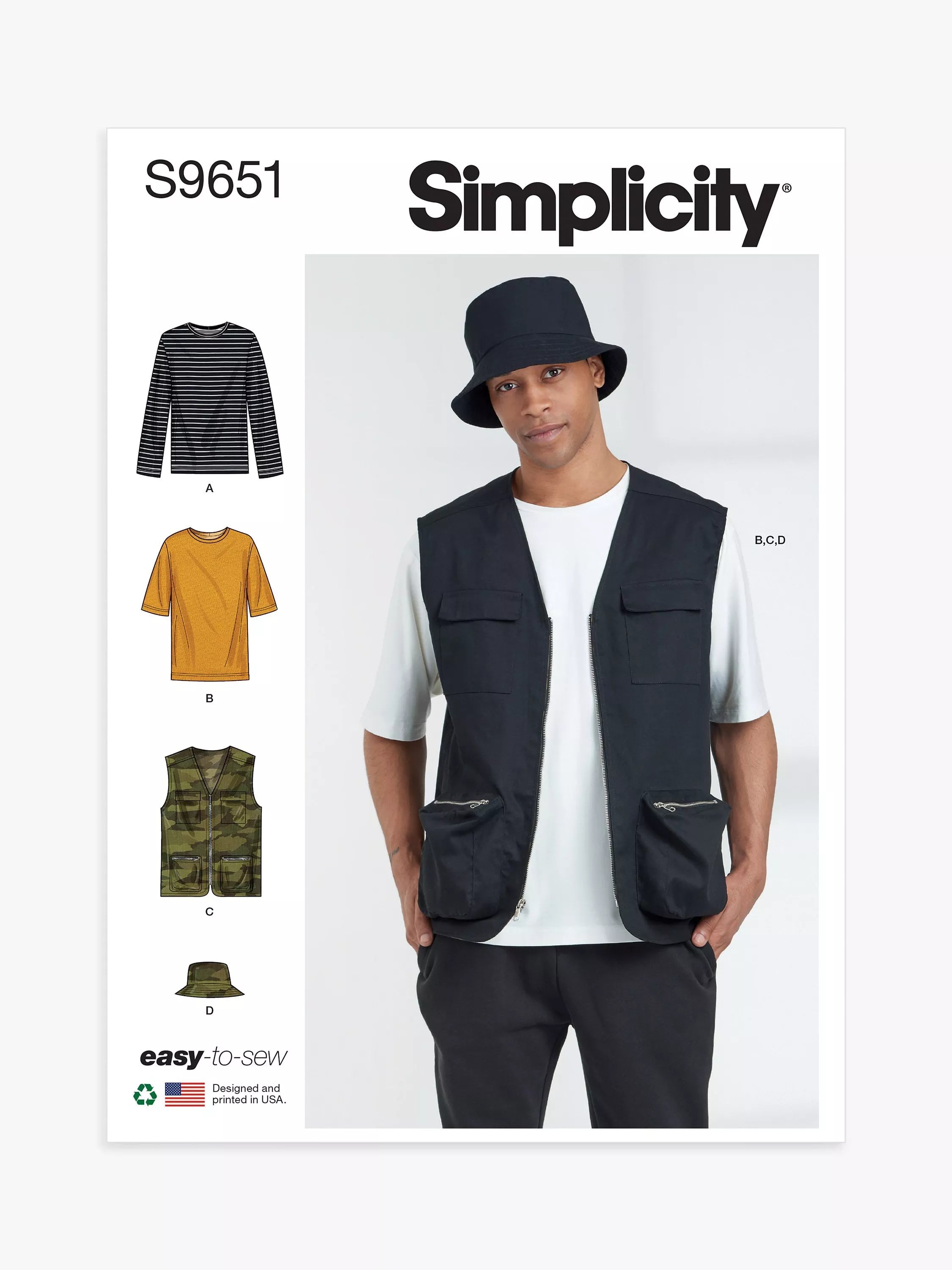 Simplicity sewing pattern S9651 men's knit top vest and hat, UK version