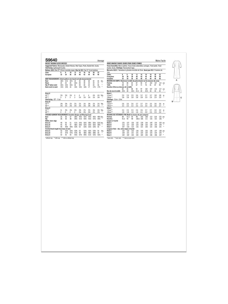 Simplicity sewing pattern for dolman sleeve dresses S9640, imported from the UK