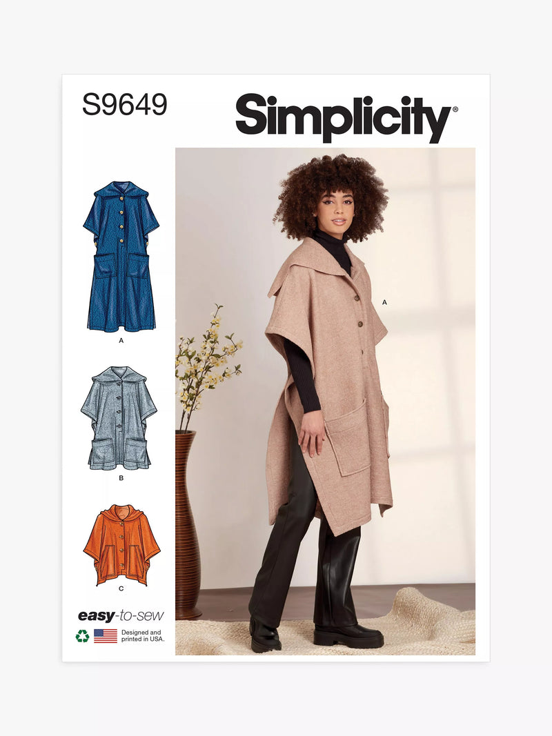 Simplicity sewing pattern Misses ponchos S9649A, imported from the UK