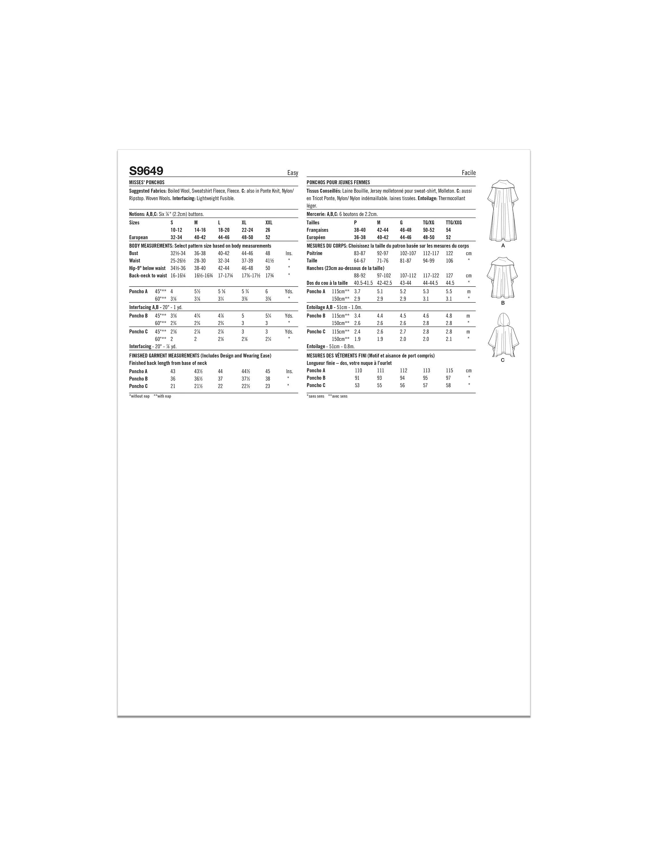 Simplicity sewing pattern Misses ponchos S9649A, imported from the UK
