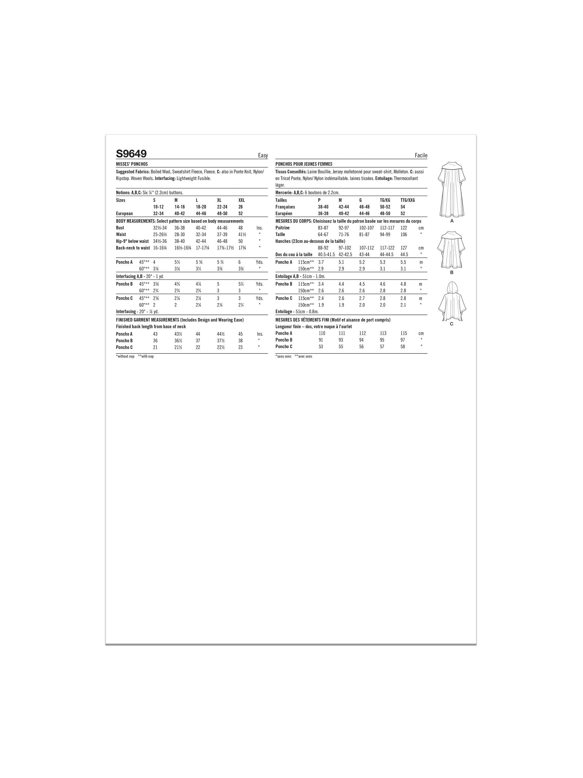 Simplicity sewing pattern Misses ponchos S9649A, imported from the UK