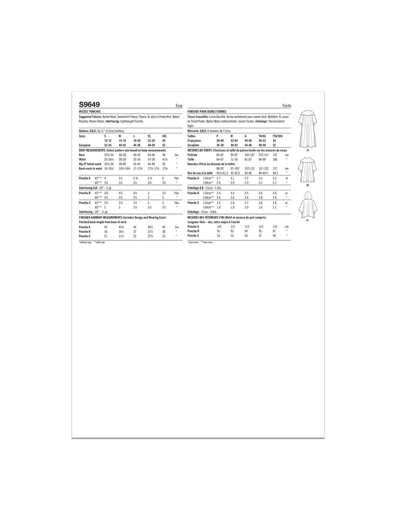 Simplicity sewing pattern Misses ponchos S9649A, imported from the UK